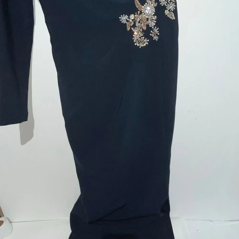 Marchesa Notte Navy One Shoulder Beaded Stretch Crepe Long Gown Size 2‎ NWT